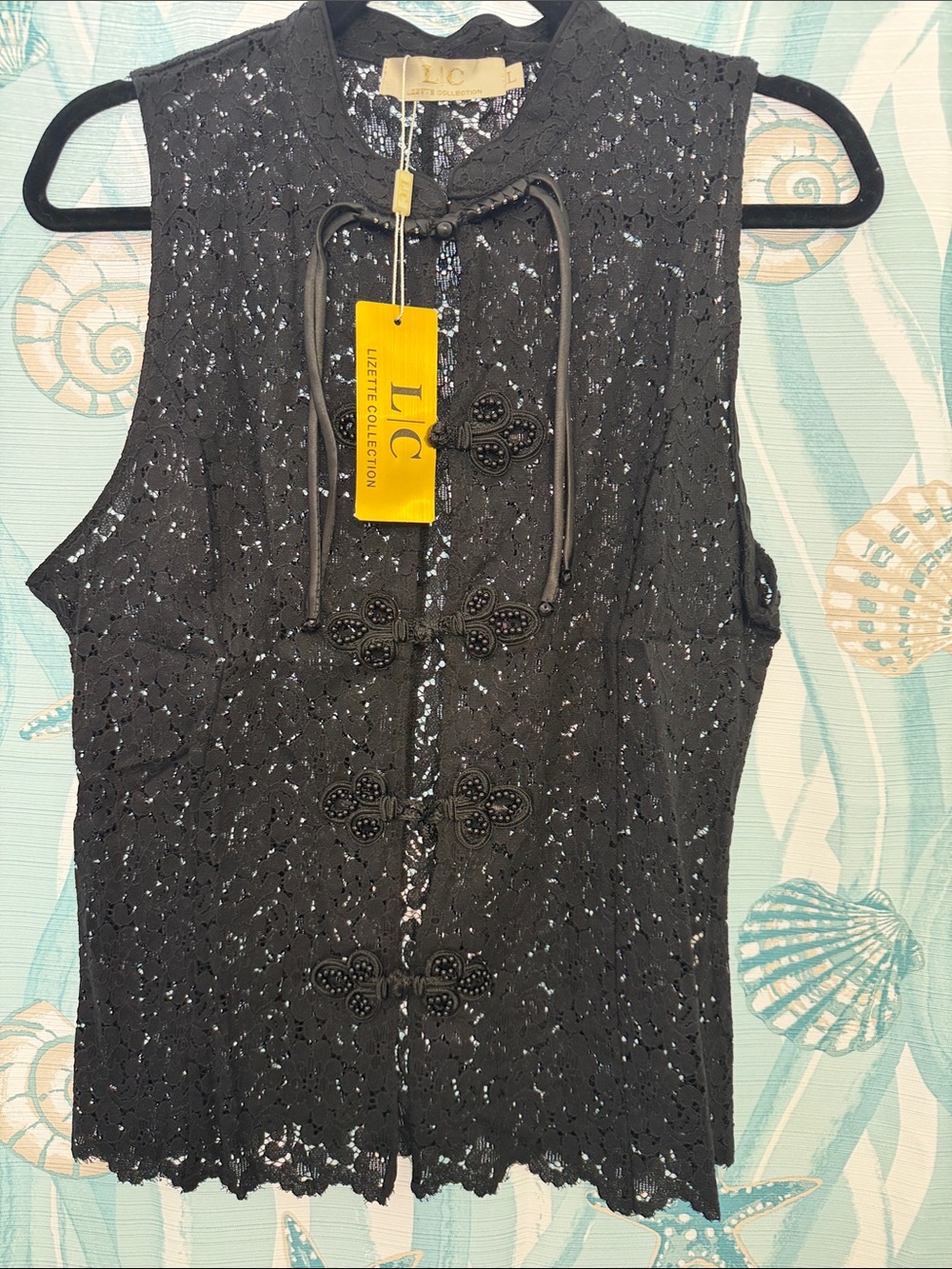 Black Lace Sleeveless Mandarin Collar Top